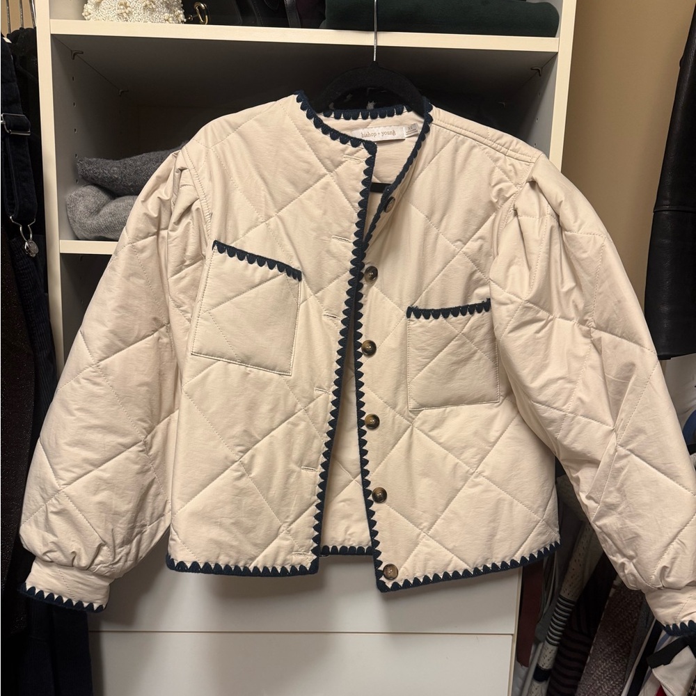 Light tan quilted jacket with scalloped stitching, XS, never worn.
